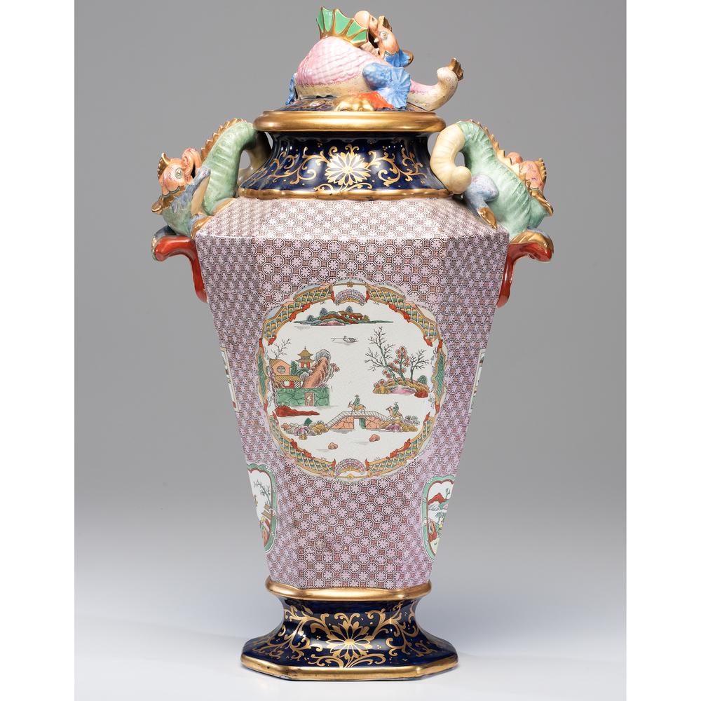 A Mason's Ironstone Lidded Urn: A Mason's Ironstone Lidded Urn Circa 1830-40s black transfer stamp mark to underside. Height 22 1/2 inches.