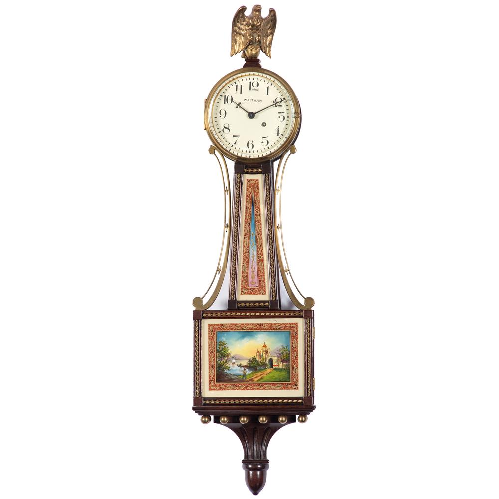 Three Banjo Clocks: Three Banjo Clocks First quarter 20th century includes two Waltham models and a Chelsea example. Height of largest 20 x width 5 1/2 x depth 3 inches.