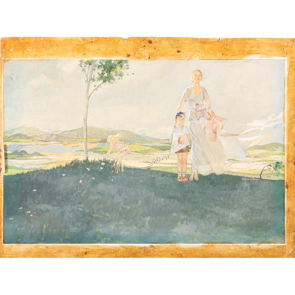 Robert O. Reid (American, early 20th century): Robert O. Reid (American, early 20th century) Illustration with Mother and Children circa 1920s watercolor on Whatman watercolor board signed Robert O Reid center right 17 1/4 x 26 1/4 inches (image).