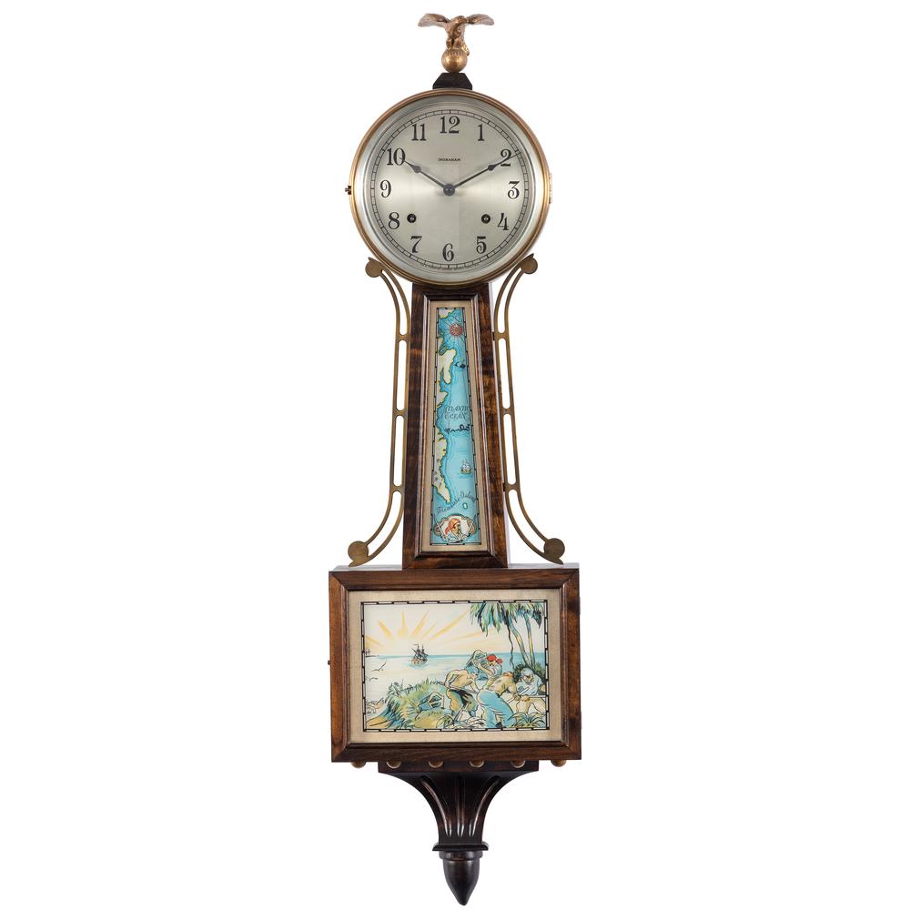 An Ingraham Clock Co. Banjo Clock with Treasure Island: An Ingraham Clock Co. Banjo Clock with Treasure Island Motif First Quarter 20th Century Height 39 x width 11 x depth 5 inches.