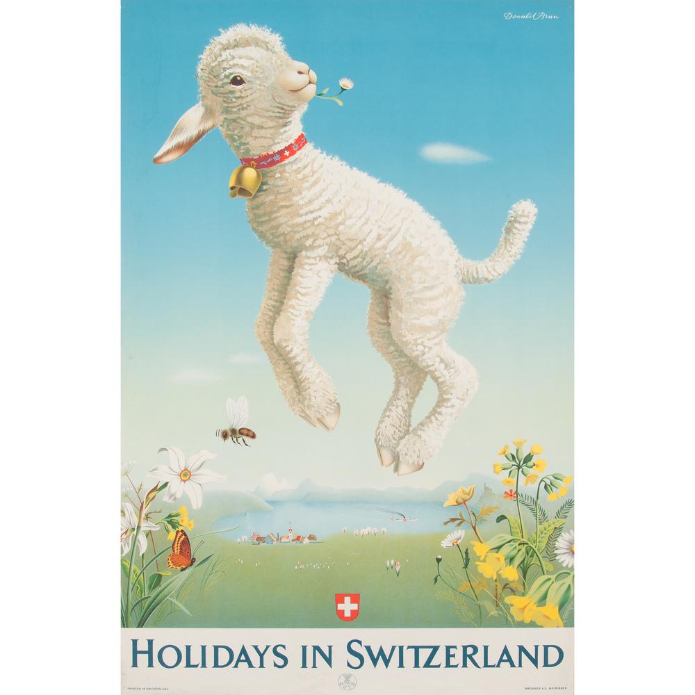 Donald Brun (Swiss, 1909-1999) Holidays in Switzerland: ca. 1930s artist's name printed in image; printed Brügger A.G., Meiringen 40 x 25 in.