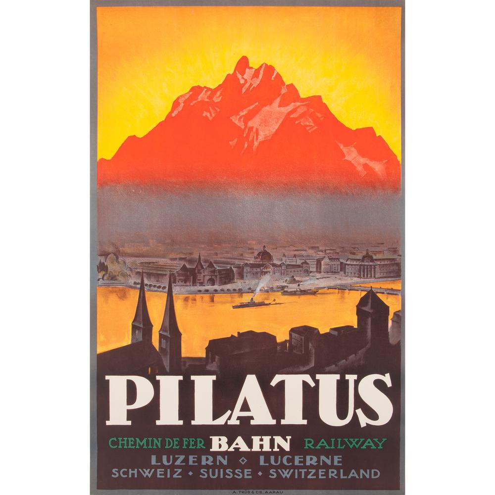 Pilatus Switzerland: Chemin De Fer Bahn Railway ca. 1920s printed A. Trüb & Cie, Aarau 40 x 24.75 in.