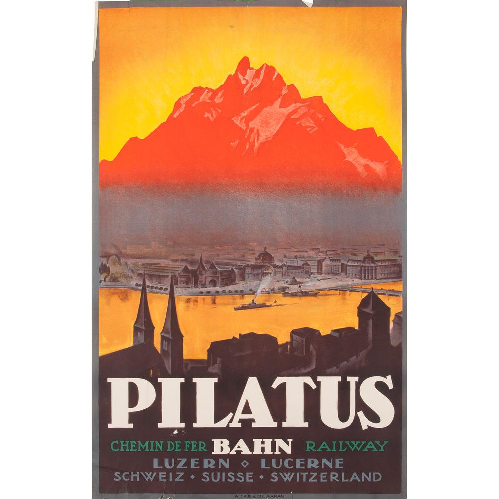 Pilatus Switzerland: Chemin De Fer Bahn Railway ca. 1920s printed A. Trüb & Cie, Aarau 40 x 24.75 in.