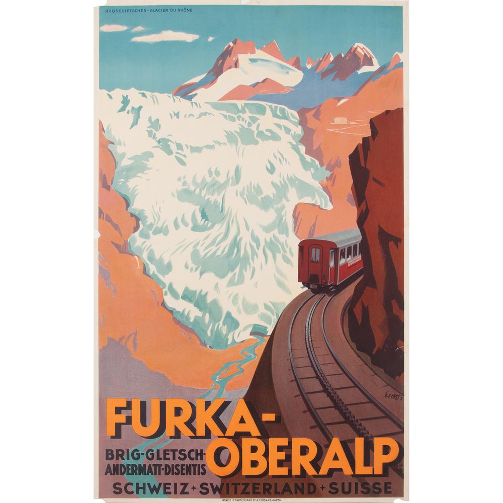 Otto Ernst (Swiss, 1884-1967) Furka-Oberalp: Brig-Gletsch-Andermatt-Disentis ca. 1930 artist's name printed in image; printed A. Trüb & Cie, AARAU 39.5 x 25.5 in.