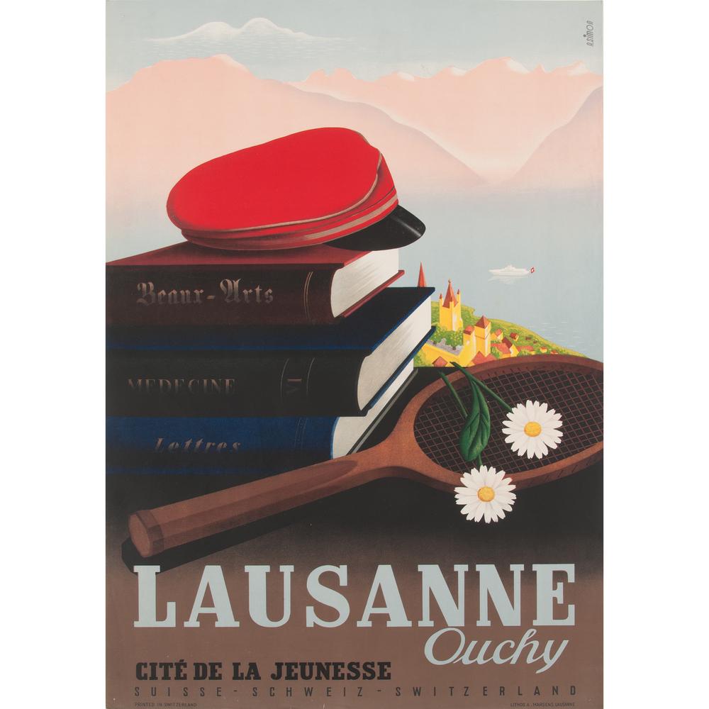 André Simon (Swiss, 1899-1959) Lausanne Ouchy: Cité De La Jeunesse ca. 1940s-1950s artist's name printed in image; printed Lithos A. Marsens, Lausanne 39.25 x 25.5 in.
