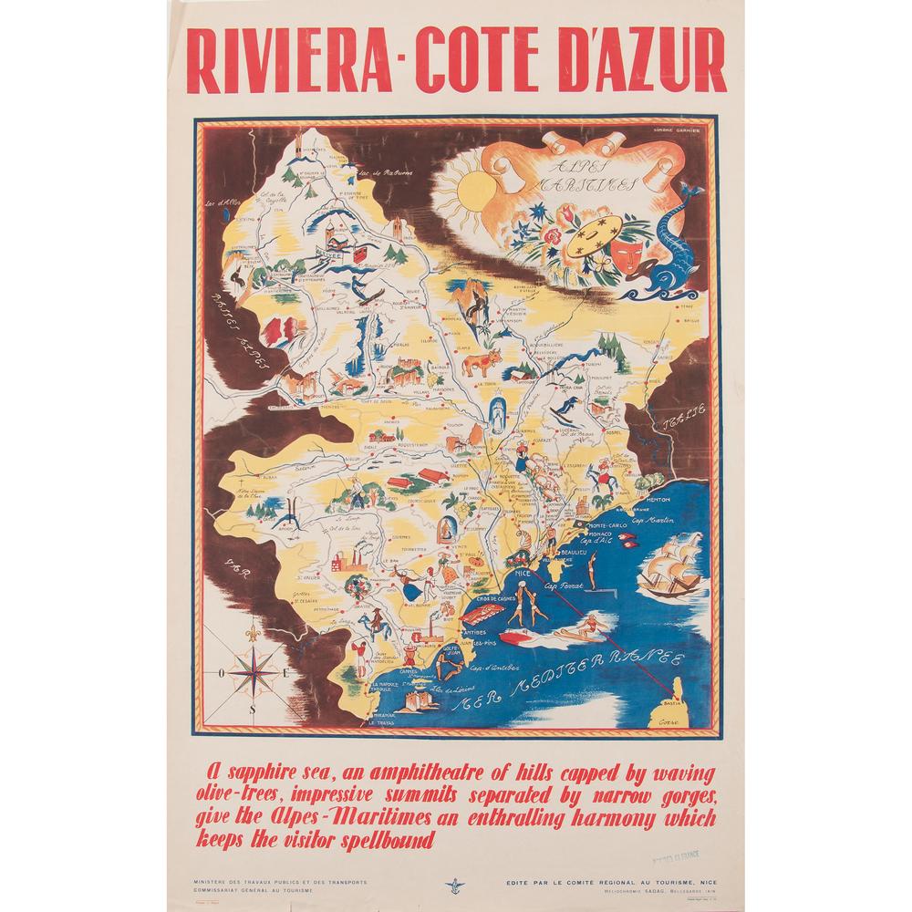 Simone Gardiner (French, 20th Century) Riviera - Cote: A sapphire sea, an ampitheatre of hills capped by waving olive-trees... ca. 1935 artist's name printed in image; published Ministère des Travaux Publics et des Transports... France 39.5 x 24.5 in.�