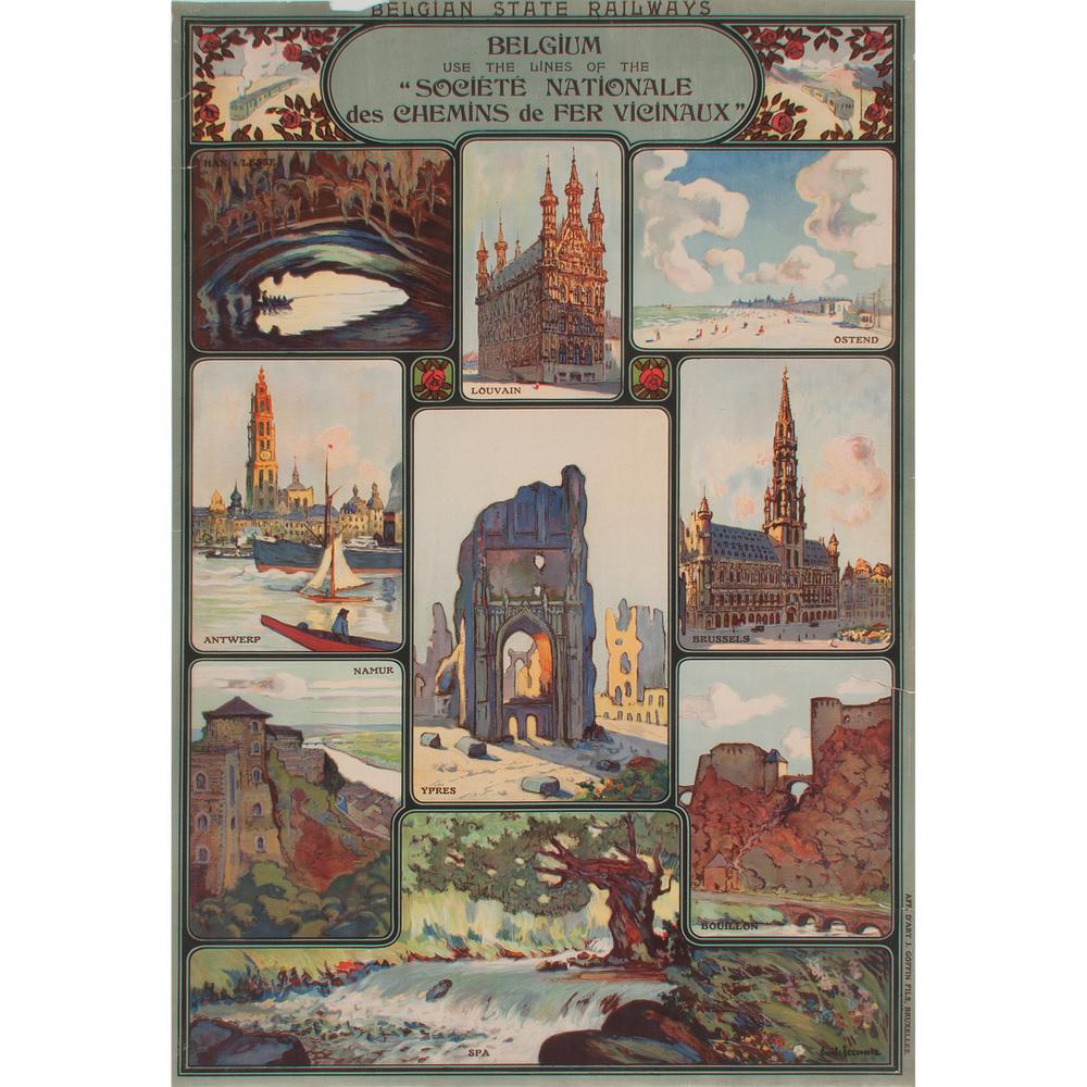 Emile Lecomte (Belgian, 1866-1938) Belgian State: Belgium / Use The Lines Of The / "Société Nationale / des Chemins de Fer Vicinaux" ca. 1920s artist's name printed in image; printed Aff. D'Art J. Goffin Fils, Bruxelles 39.75 x 25.5 in.