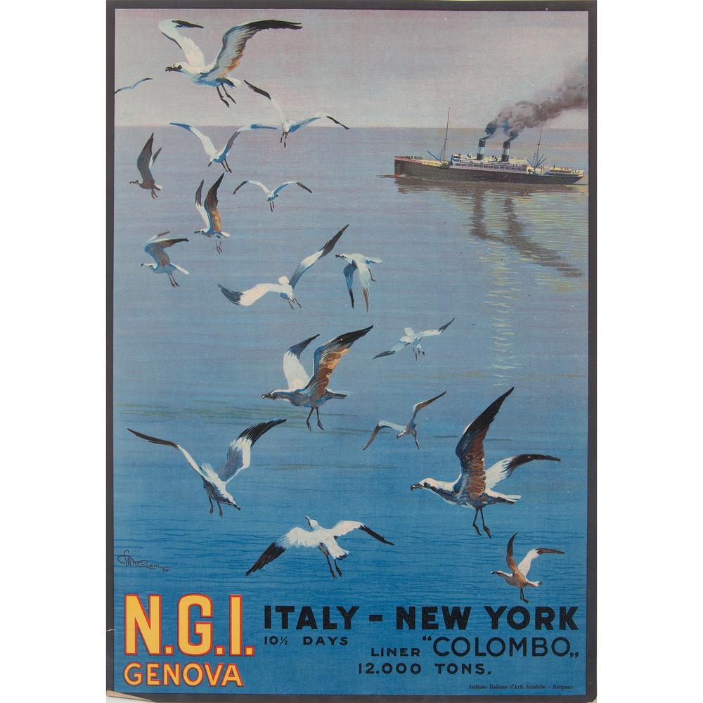 Ettore Mazzini (Italian, 1891-1960) N.G.I. Genova: Italy-New York / 10 1/2 Days Liner "Colombo" 1921 artist's name printed in image; printed Istituto Italiano d'Arti Grafiche - Borgamo; dated 1921 26.75 x 19.5 in.