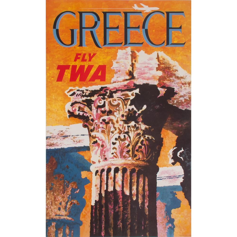 David Klein (American, 1918–2005) Greece Fly TWA, Plus: ca. 1960s artist's name printed in image; printed U.S.A. 40 x 25 in. PLUS Greece ca. 1950s-1960s printed Greek Office of Information, Washington, D.C. 32.5 x 25 in.