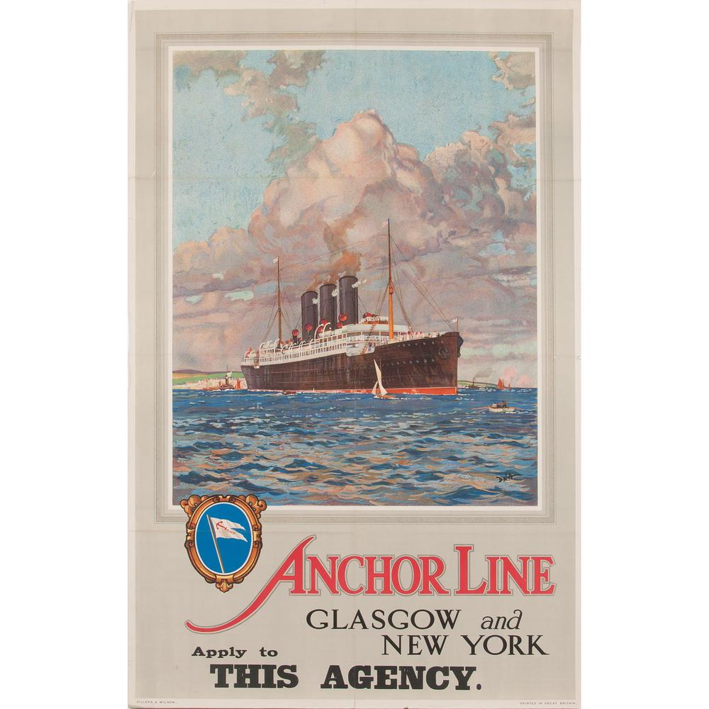 Anchor Line Glasgow and New York: ca. 1920s artist's monogram D.N.A. printed in image; printed Pillans & Wilson, Great Britain 39.75 x 24.5 in.