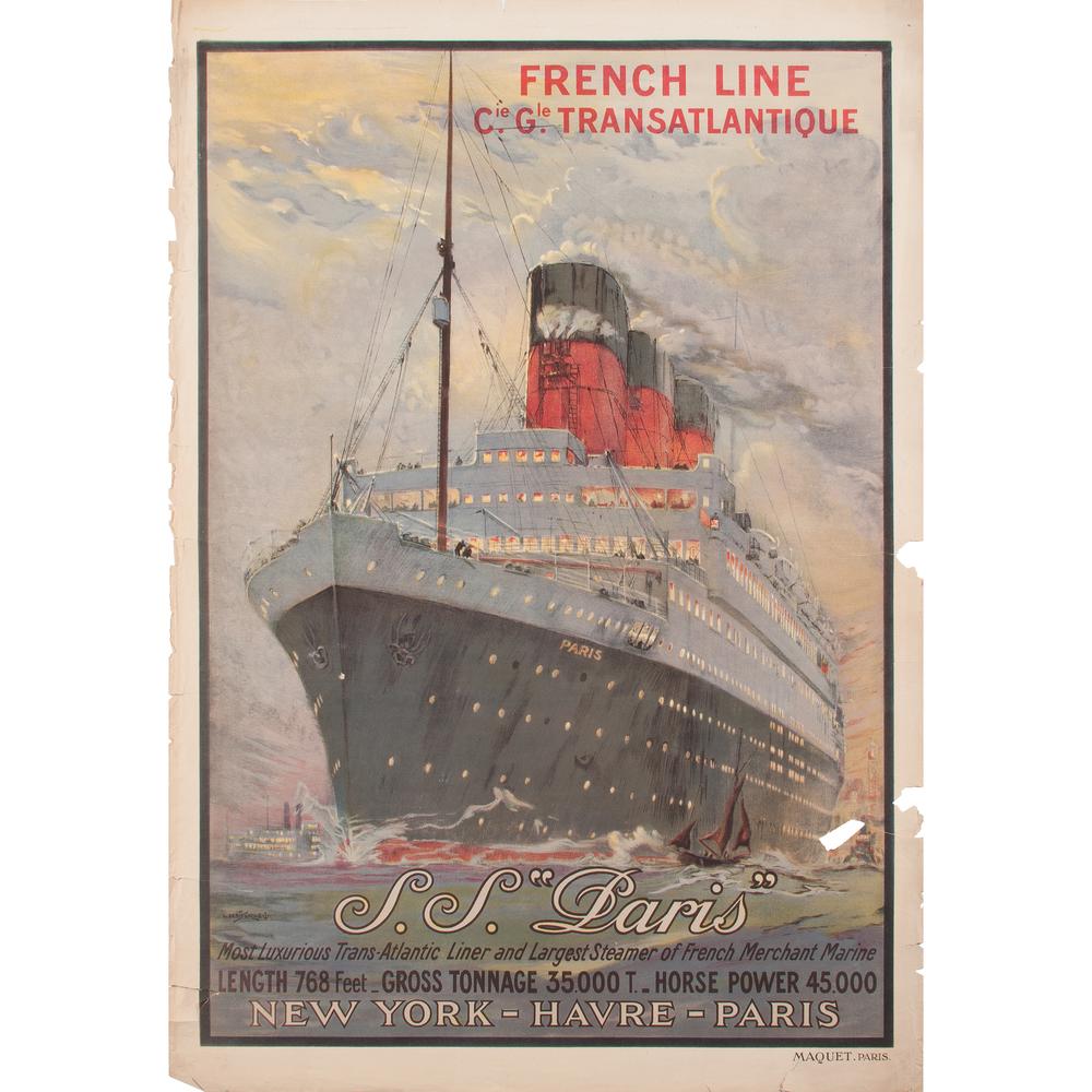 Albert Sebille (French, 1874-1953) S.S. "Paris": Most Luxurious Trans-Atlantic Liner and Largest Steamer of French Merchant Marine ca. 1925 artist's name printed in image; printed Maquet, Paris 42.5 x 30 in.