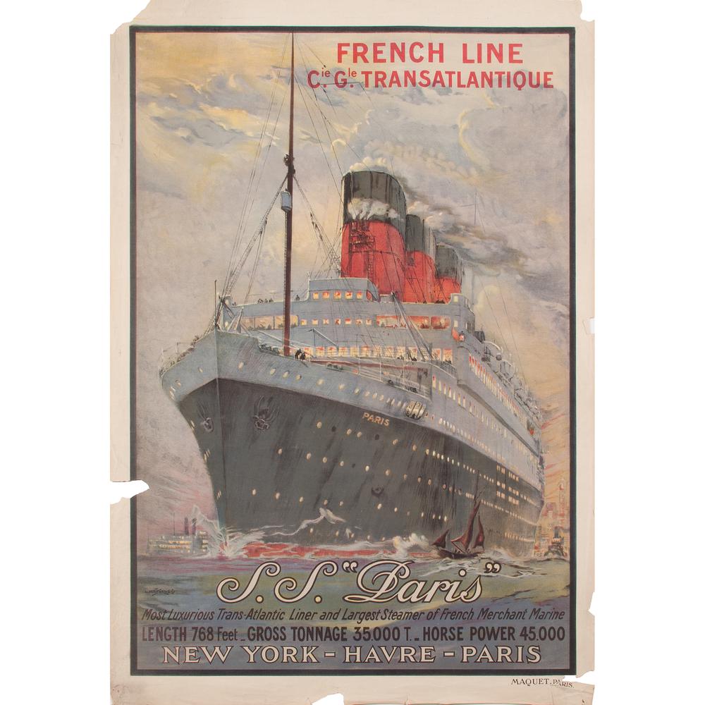 Albert Sebille (French, 1874-1953) S.S. "Paris": Most Luxurious Trans-Atlantic Liner and Largest Steamer of French Merchant Marine ca. 1925 artist's name printed in image; printed Maquet, Paris 42.5 x 30 in.