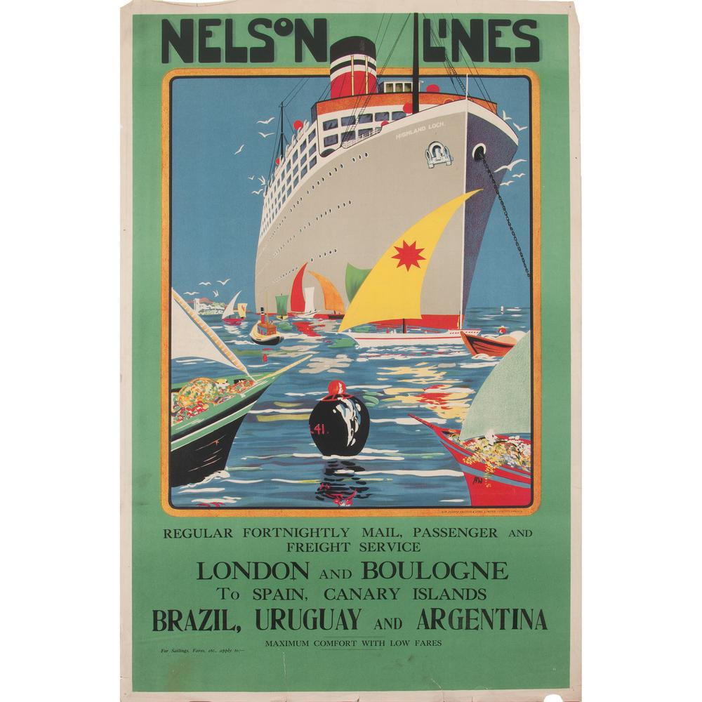 Nelson Lines: Regular Fortnightly mail, Passenger and / Freight Service / London and Boulogne / to Spain, Canary Islands/ Brazil, Uruguay and Argentina ca. 1920s-1930s artist's initials AW printed in image; prin