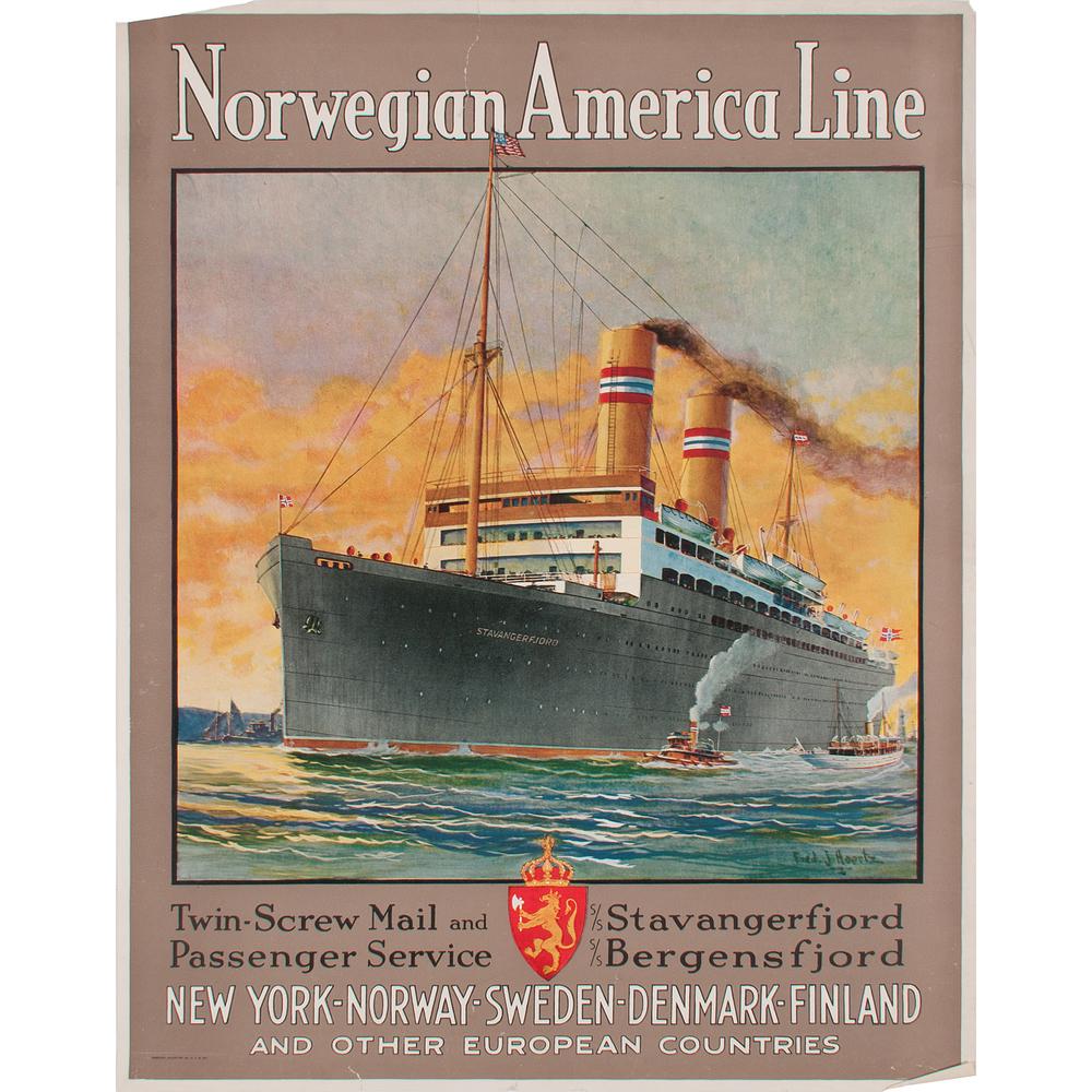 Frederick J. Hoertz (American, 1889-1978) Norwegian: Twin-Screw Mail and Passenger Service / Stavangerfjord / Bergensfjord artist's signature in print; printed American Colortype Co., N.Y. 28 x 21 in.