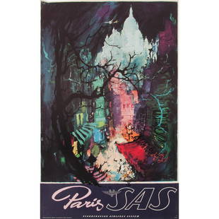 Otto Nielsen (Danish, 1916-2000) Paris and Africa SAS,: Scandinavian Airlines System 20th century artist's initials printed in image; printed FFSET Axel Andreasen & Sonner Copenhagen each 39.25 x 24.25 in.