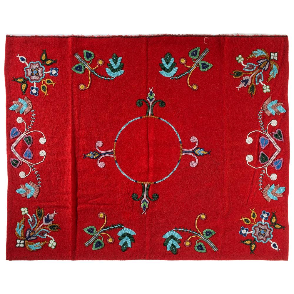 Northern Plains Beaded Panel, From the Stanley B.: Northern Plains Beaded Panel, From the Stanley B. Slocum Collection, Minnesota possibly an unfinished tablecloth; beaded on red wool cloth in floral patterns; beaded in colors of light blue, blue, pea