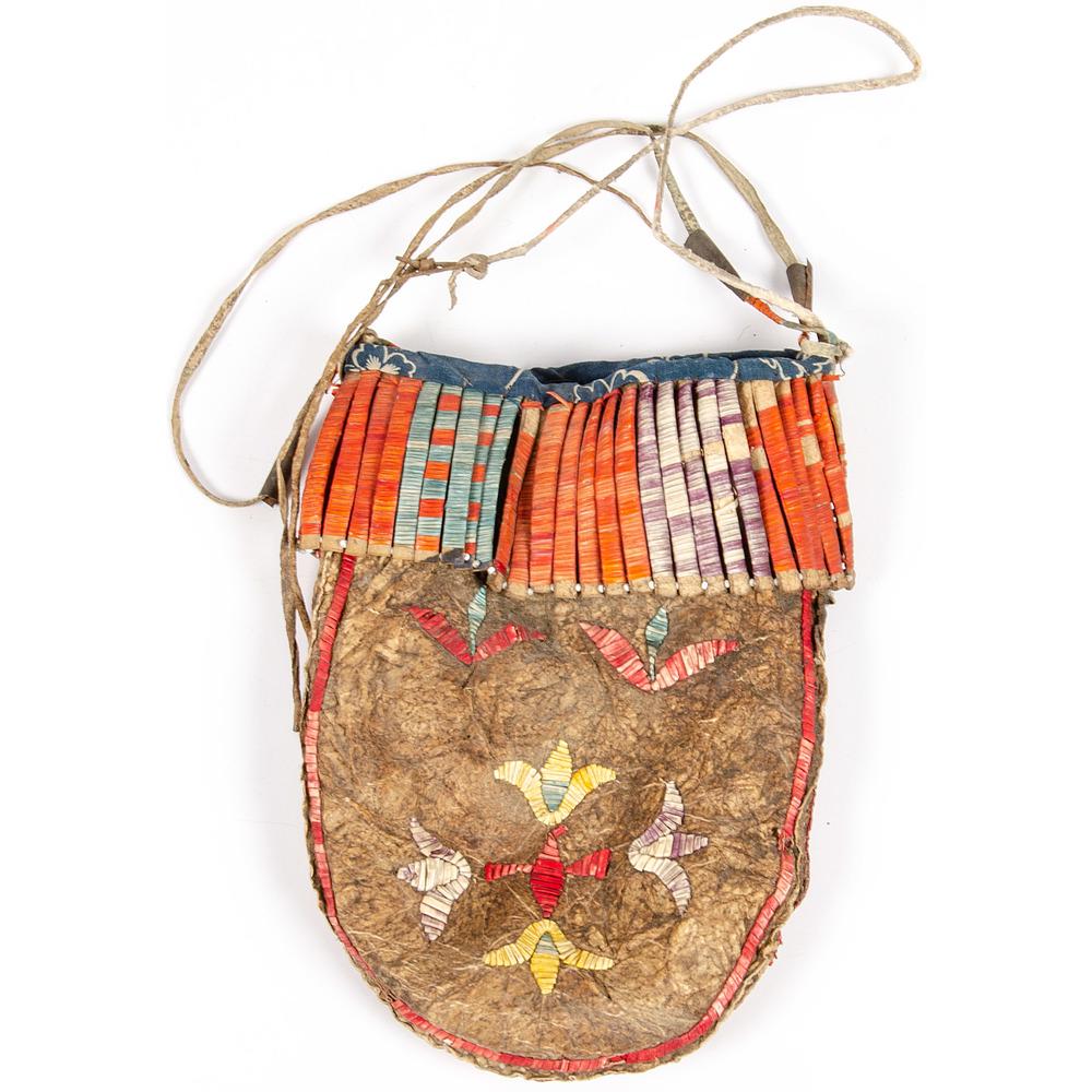Eastern Sioux Quilled Hide Bag: Eastern Sioux Quilled Hide Bag thread-sewn having one side quilled with floral design; opposite with horizontal lines; opening edged with rawhide slats and patterned cotton, length 7.75 in. x width 5.
