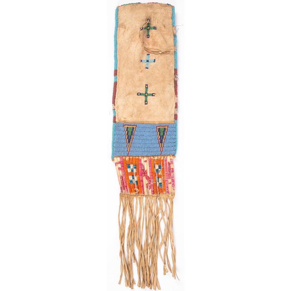 Northern Plains Beaded Hide Tobacco Bag, From the: Northern Plains Beaded Hide Tobacco Bag, From the Collection of Nick and Donna Norman, Colorado thread-sewn; panels having flat beadwork using colors of red white-heart, dark blue, light blue, greasy