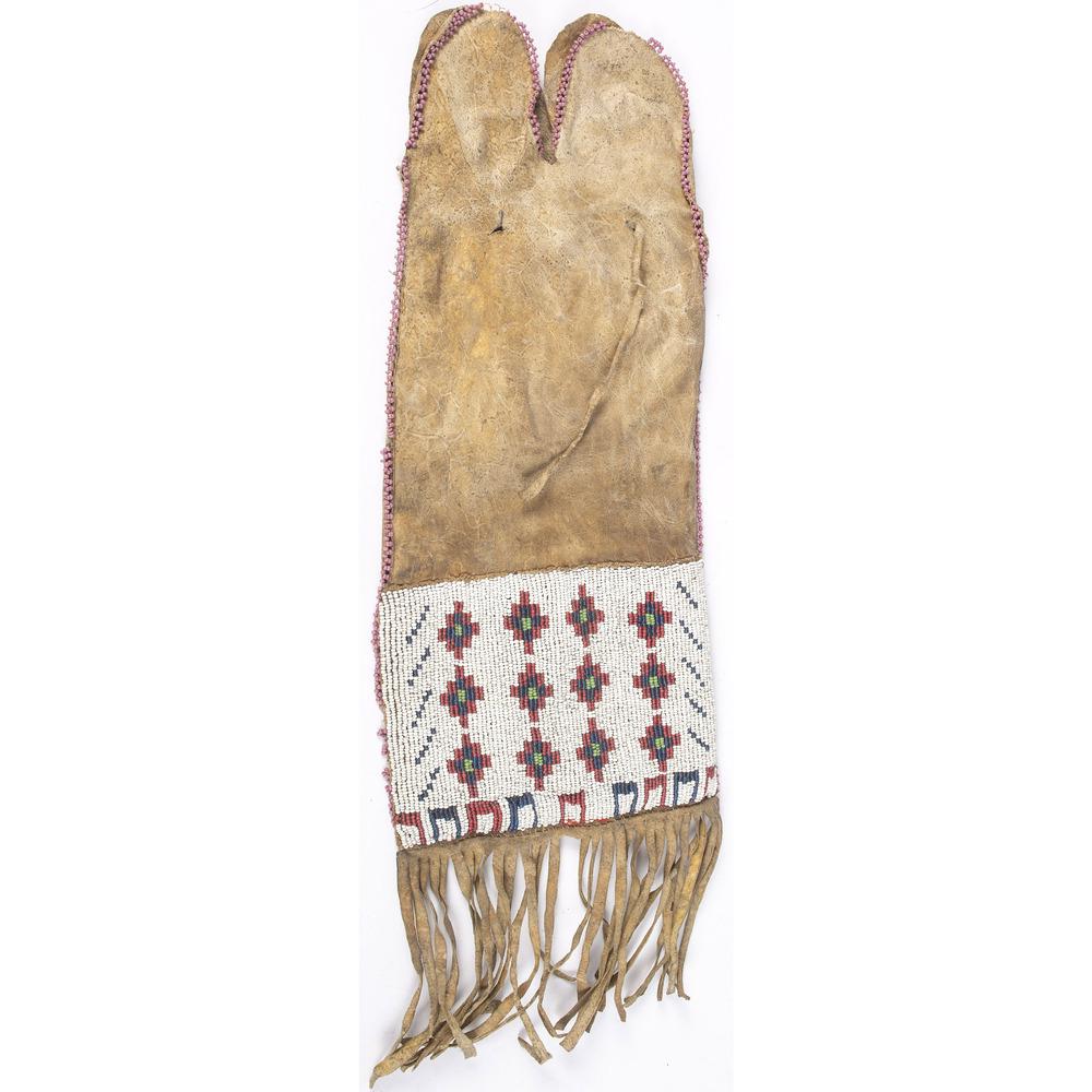 *UPDATED* Arapaho Beaded Hide Tobacco Bag: Arapaho Beaded Hide Tobacco Bag, From the Collection of Nick and Donna Norman, Colorado thread-sewn, beaded on one side with a stepped diamond design and horse tracks in colors of red white-heart, tra