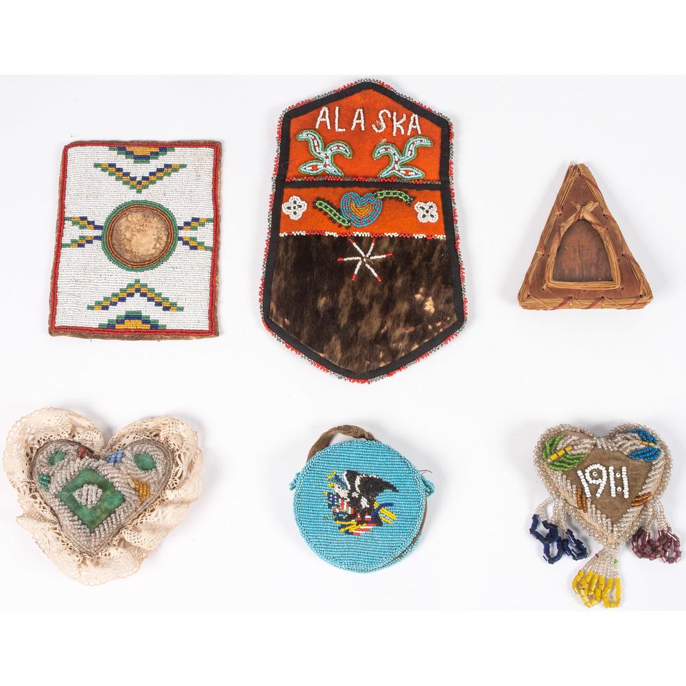 Beaded Keepsakes and Souvenirs, From the Stanley B.: Beaded Keepsakes and Souvenirs, From the Stanley B. Slocum Collection, Minnesota lot of 6, includes one Nez Perce coin purse, thread-sewn and beaded with an American eagle motif, diameter 3.5 in.; PLU