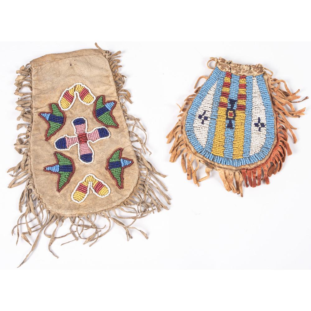 Northern Plains Beaded Hide Bags: Northern Plains Beaded Hide Bags lot of 2, includes a Apsaalooke bag, thread-sewn and beaded in colors of white, greasy yellow, pink, green, rose, and blues, length 7.5 in.; AND a softly tanned bag be