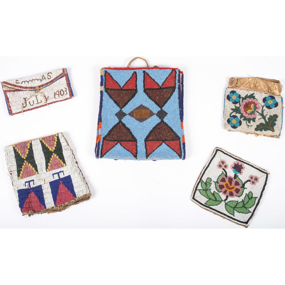 Collection of Plains Beaded Hide Bags: Collection of Plains Beaded Hide Bags lot of 5, includes a thread-sewn Cree tobacco bag recycled into a smaller bag, length 6 in. x width 5.75 in.; PLUS a panel from a Cree tobacco bag, length 6 in. x