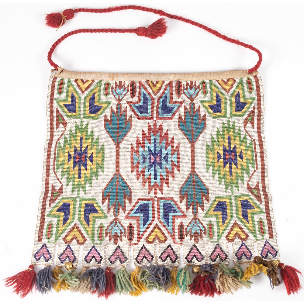 Ho Chunk Loom Beaded Panel, From the Stanley B. Slocum: Ho Chunk Loom Beaded Panel, From the Stanley B. Slocum Collection, Minnesota beaded using colors of red, pea green, dark blue, red white-heart, greasy yellow, pink, cobalt, and pony trader blue; brass
