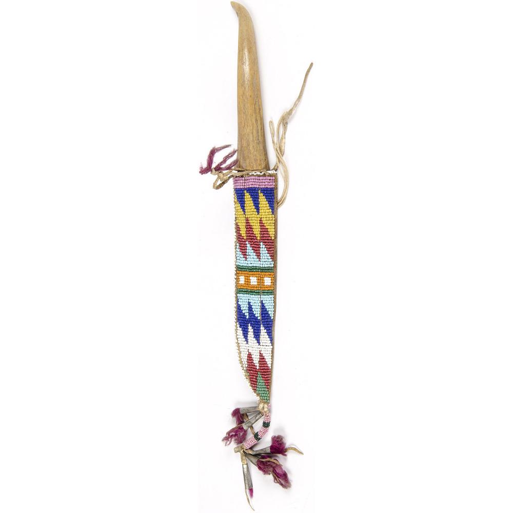 Northern Plains Beaded Knife Sheath and Knife, From the: Northern Plains Beaded Knife Sheath and Knife, From the Stanley B. Slocum Collection, Minnesota sheath beaded using colors of rose, blue, yellow, red, light blue, orange, green, and white; tin cone d