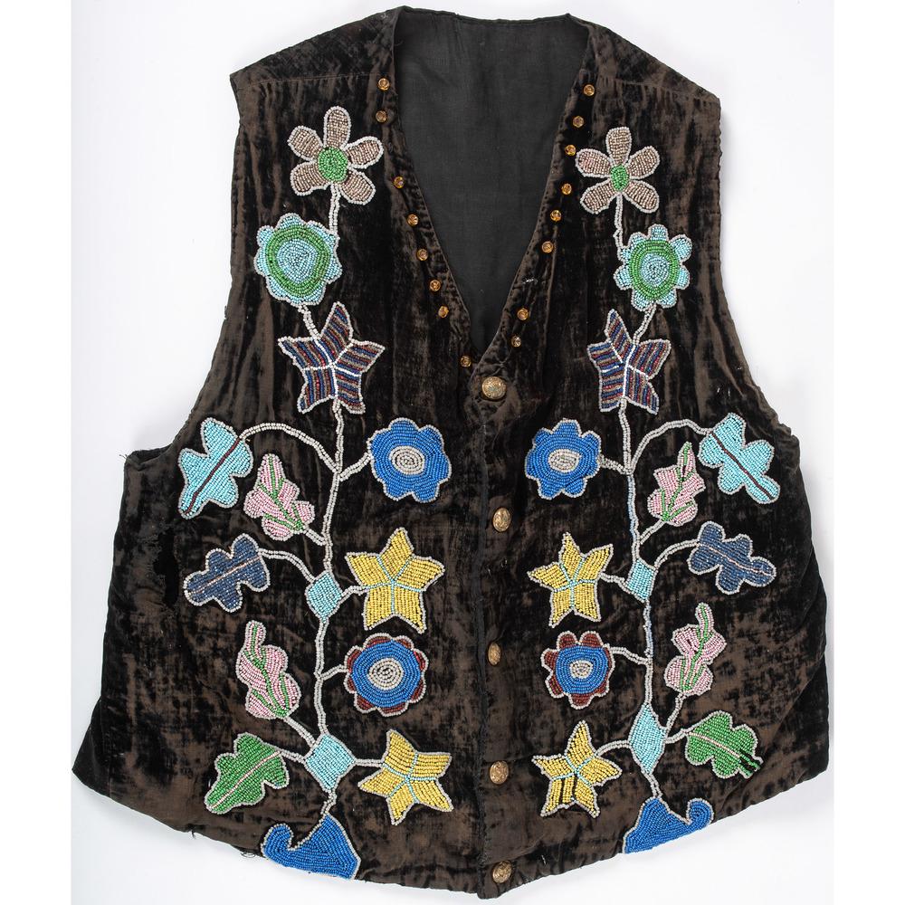 Cree Beaded Velveteen Vest: thread-sewn and beaded using a variety of colors to create floral designs; florally inspired brass buttons, length 21 in. x chest 38 in. ca 1900