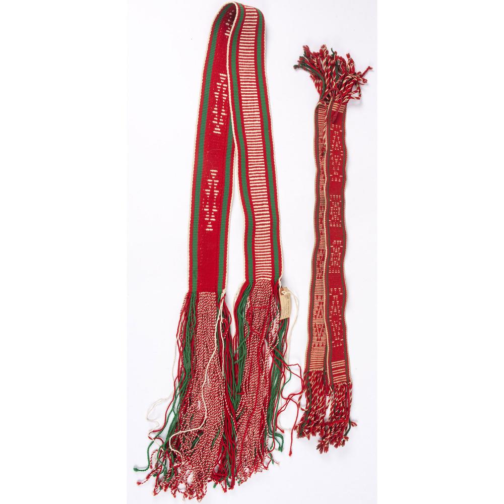 Hopi Sash and Pair of Cuffs, From the Stanley B. Slocum: Hopi Sash and Pair of Cuffs, From the Stanley B. Slocum Collection, Minnesota woven in colors of red and green; sash length 84 in., each cuff length 36 in. mid-20th century