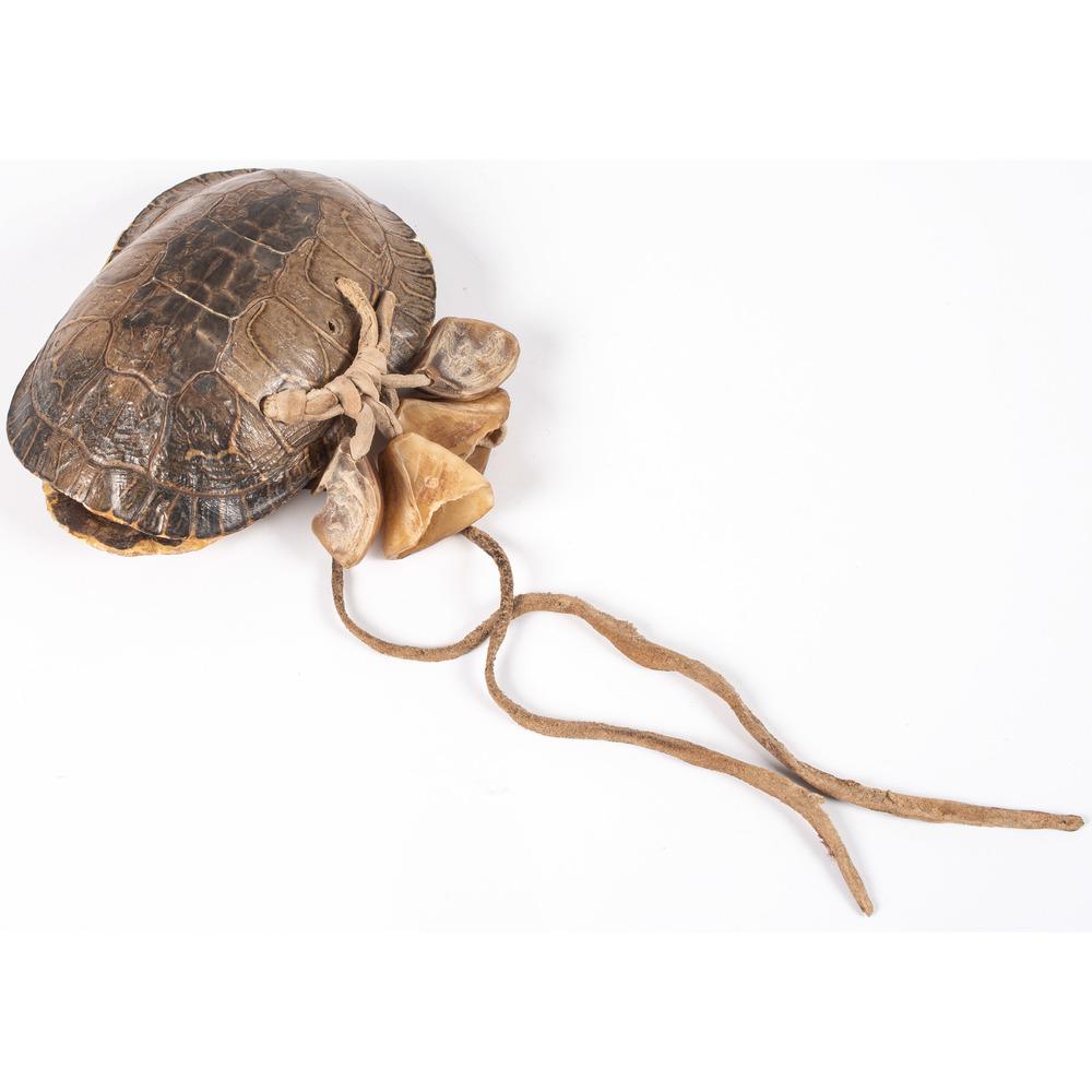 Prairie Women's Stomp Dance Turtle Shell Shaker, From: Prairie Women's Stomp Dance Turtle Shell Shaker, From the Stanley B. Slocum Collection, Minnesota turtle shell shaker with dew claws and hide thong ties; length 6.5 in. second quarter 20th century