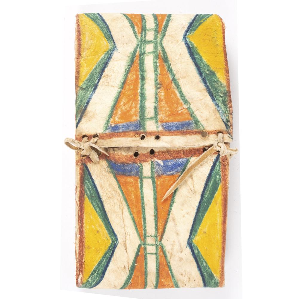Nez Perce Child's Toy Parfleche Envelope, From the: Nez Perce Child's Toy Parfleche Envelope, From the Stanley B. Slocum Collection, Minnesota small case painted in blue, green, yellow, and orange; interior with zigzags, length 10.5 in. x width 5.75 in