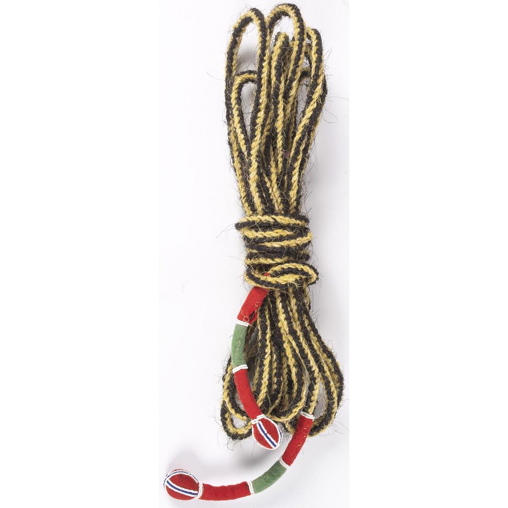 Apsaalooke (Crow) Braided Horsehair Rope, From the: Apsaalooke (Crow) Braided Horsehair Rope, From the Stanley B. Slocum Collection, Minnesota woven from black and yellow horsehair having red and green cloth ends with simple white and blue geometric be