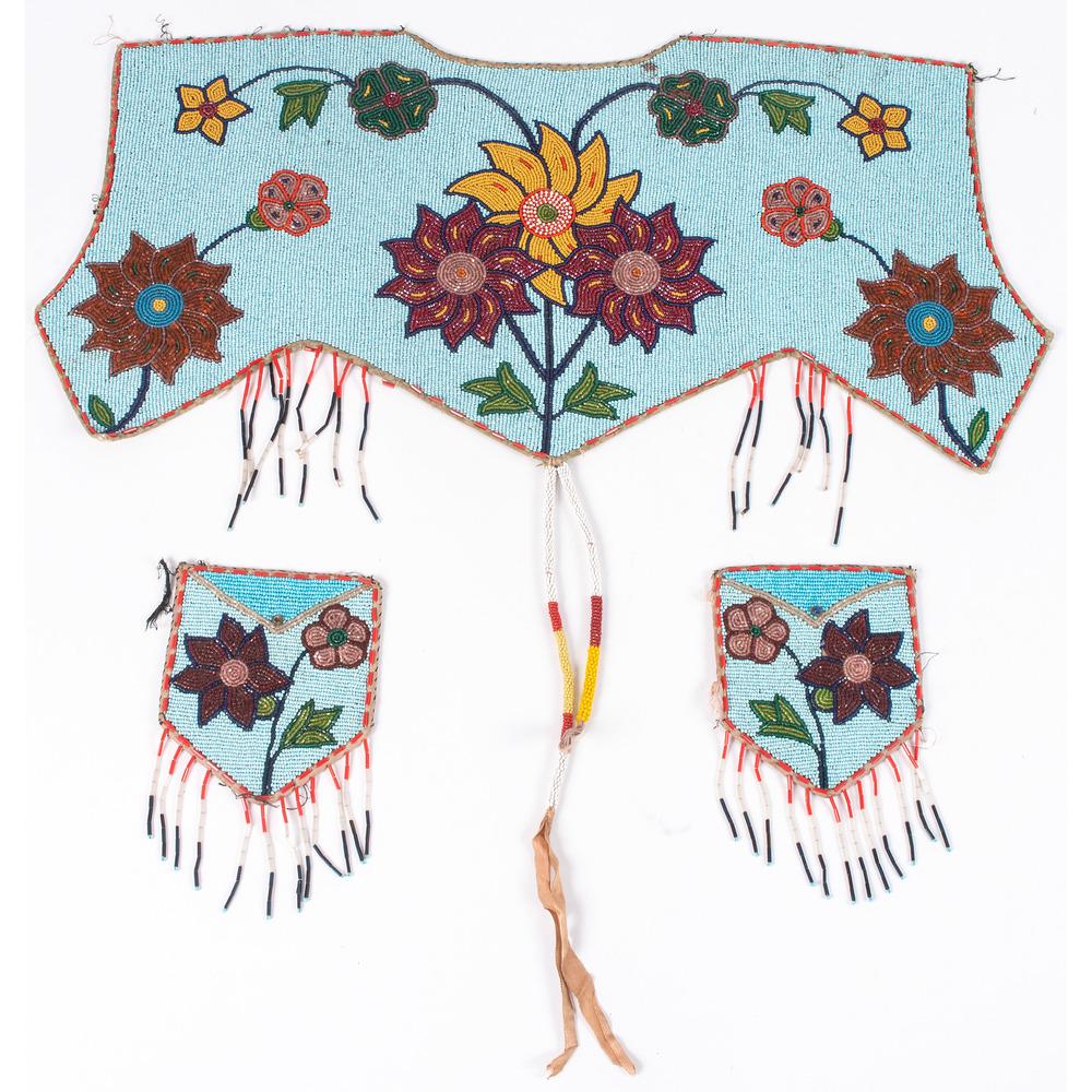 Nez Perce Piece Beaded Yoke and Pockets, From the: Nez Perce Piece Beaded Yoke and Pockets, From the Stanley B. Slocum Collection, Minnesota thread-sewn and beaded with colors of light blue, pea green, forest green, dark blue, greasy yellow, clear, an