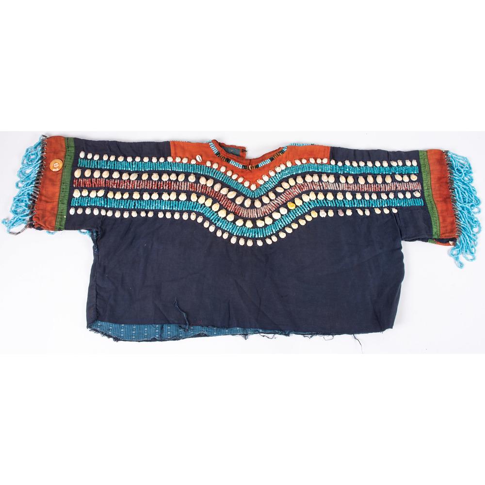 Nez Perce Cowrie Shell Dress Top, From the Stanley B.: Nez Perce Cowrie Shell Dress Top, From the Stanley B. Slocum Collection, Minnesota thread-sewn on cotton trade cloth and decorated with approximately 250 cowrie shells, three inch blue bugle bead loop