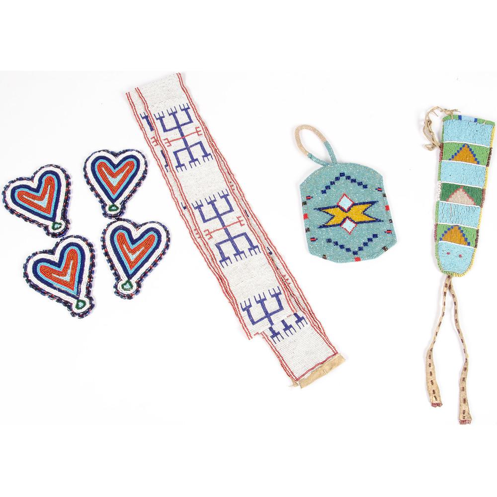 Assorted Plateau Beadwork, From the Stanley B. Slocum: Assorted Plateau Beadwork, From the Stanley B. Slocum Collection, Minnesota lot of 4, includes a Confederated Salish loom-woven beaded blanket strip, length 78.5 in. x width 3 in.; PLUS four Nez Perce