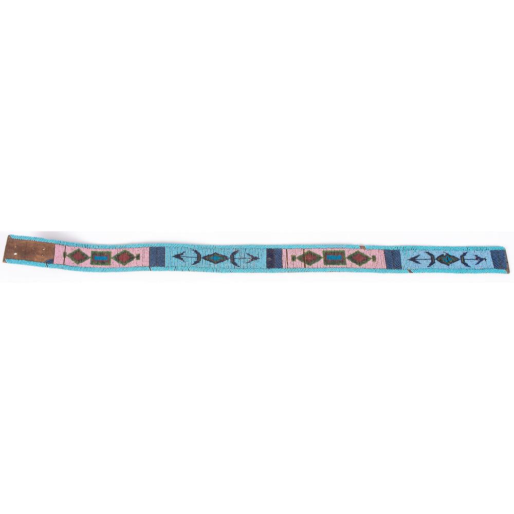Nez Perce Beaded Belt, From the Stanley B. Slocum: Nez Perce Beaded Belt, From the Stanley B. Slocum Collection, Minnesota sinew-sewn; fully beaded and tacked belt on chrome tanned leather; decorated with colors of pink, light blue, red white-heart, a