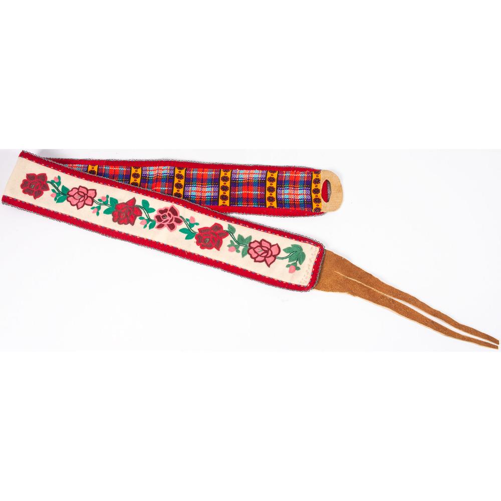 Cree Bandolier Strap, From the Stanley B. Slocum: Cree Bandolier Strap, From the Stanley B. Slocum Collection, Minnesota thread-sewn bandolier strap with floral yarn embroidery on white wool, edged with red corduroy and seed beads, cloth-backed and h