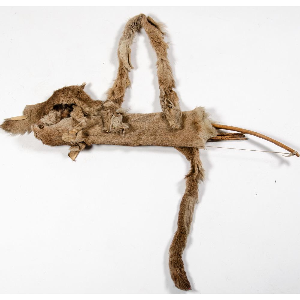 Apache Mountain Lion Quiver with Bow and Darts,: Apache Mountain Lion Quiver with Bow and Darts, Deaccessioned from the Museum of the Fur Trade, Chadron, Nebraska quiver made from mountain lion hide; backed in areas with patterned cotton; interior o