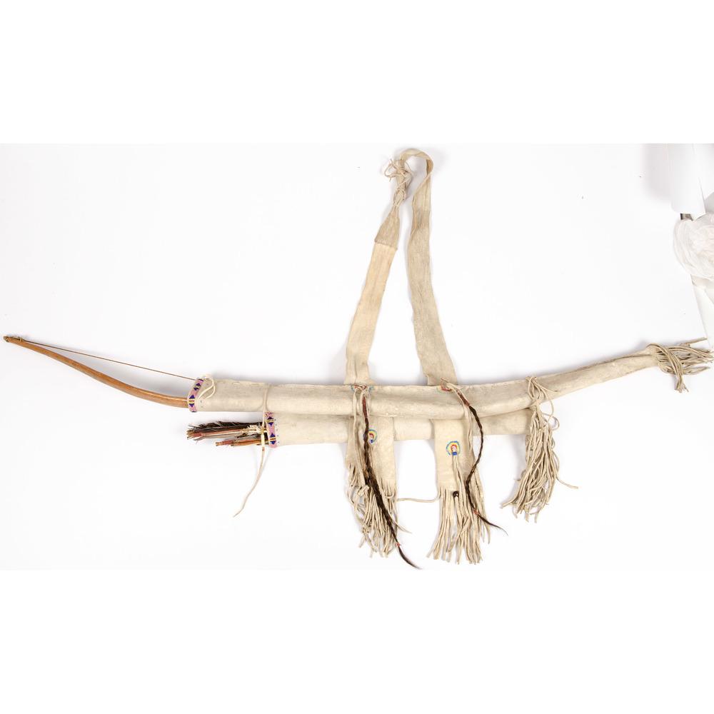 Southern Plains Bow Case and Quiver, with Recurve Bow: Southern Plains Bow Case and Quiver, with Recurve Bow and Arrows, Deaccessioned from the Museum of the Fur Trade, Chadron, Nebraska bow case and quiver made of thick hide and having painted detailing;