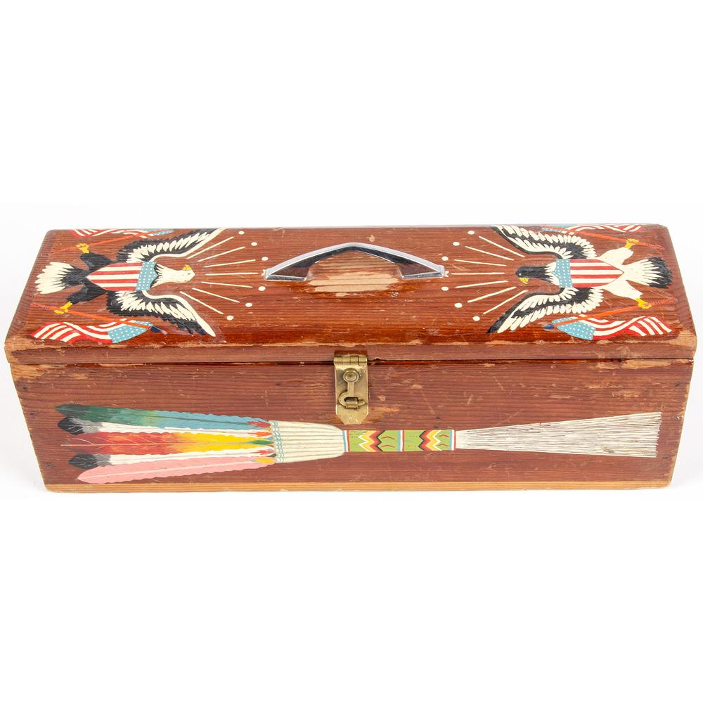 Navajo Painted Wood Box: colorfully painted with imagery of a peyote fan and spread-winged eagle; height 5.56 in. x length 15.75 in. x width 4.75 in. second quarter 20th century