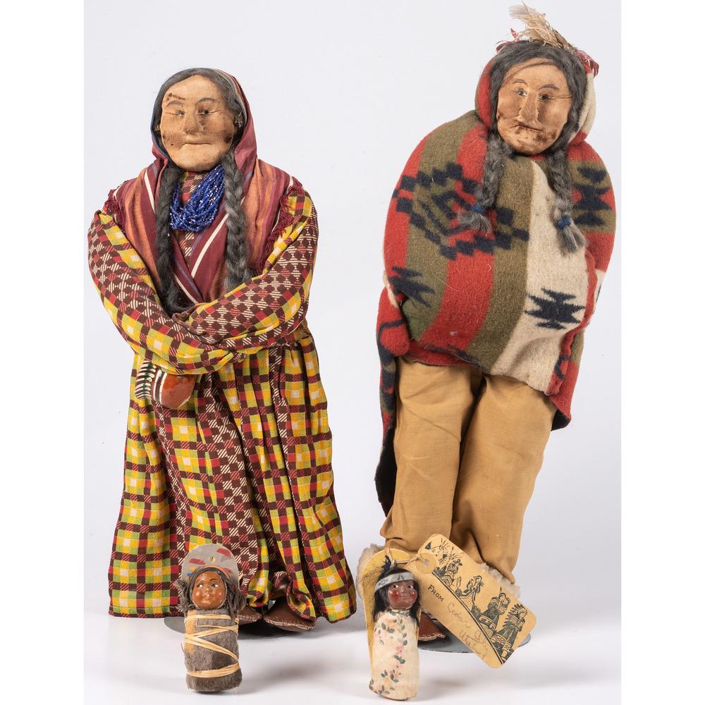 Plains Dolls, PLUS: lot of 4, includes a male and female doll, tallest height 18 in.; PLUS two Skookum dolls in cradles, height 3.75 in. early 20th century