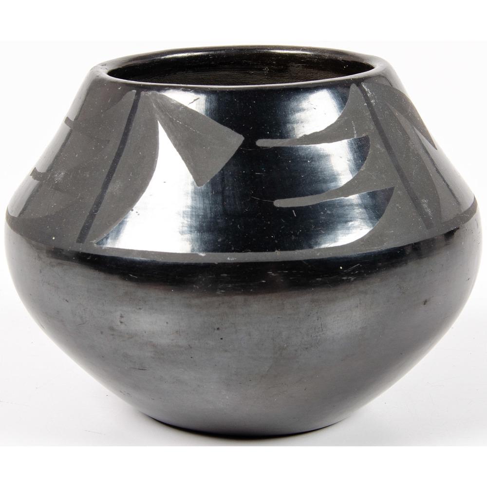 Maria and Santana Martinez (San Ildefonso, 1887-1980 /: Maria and Santana Martinez (San Ildefonso, 1887-1980 / 1909-2002) Pottery Bowl signed on base; winged elements decorate upper portion of jar, height 3.75 in. x diameter 5 in. 1943-1956