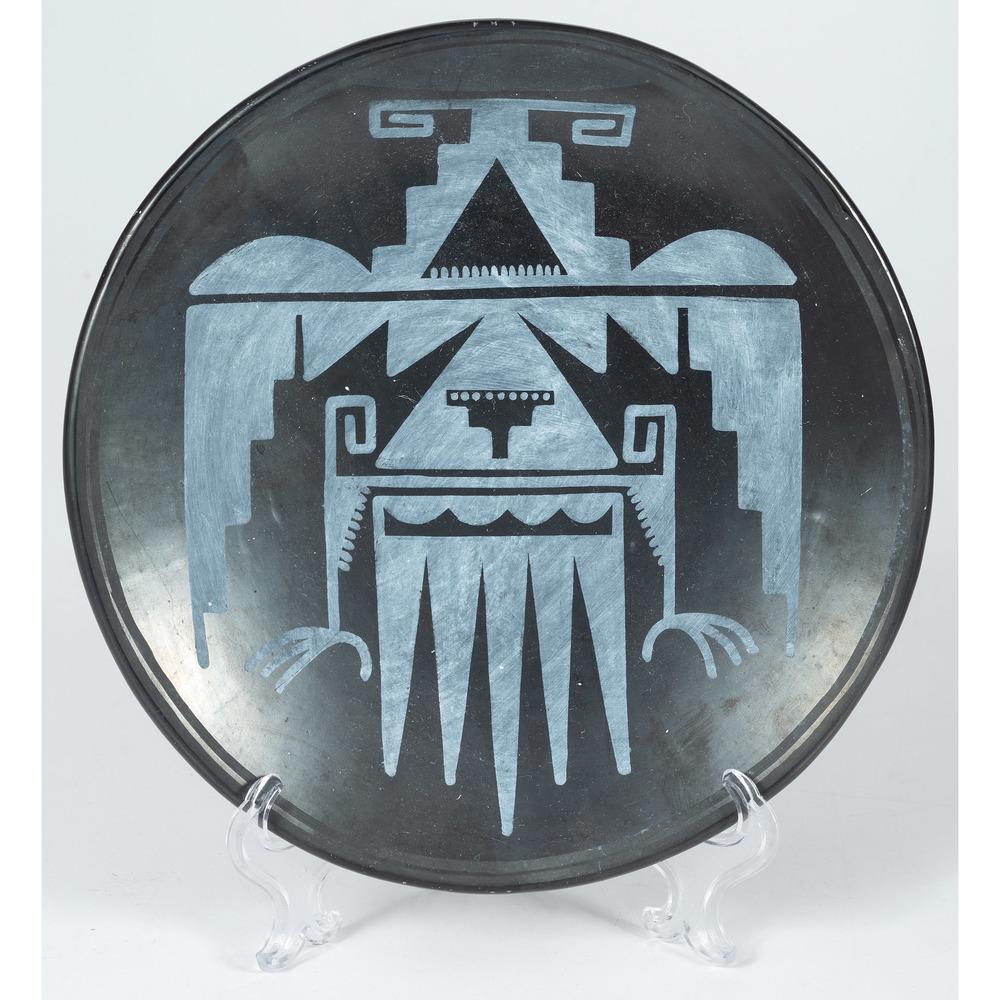 San Ildefonso Blackware Pottery Plate, Signed Marie and: San Ildefonso Blackware Pottery Plate, Signed Marie and Julian although signed on base Marie and Julian, this was possibly crafted by Clara Martinez, daughter-in-law of Maria, and painted by Abel Sanc