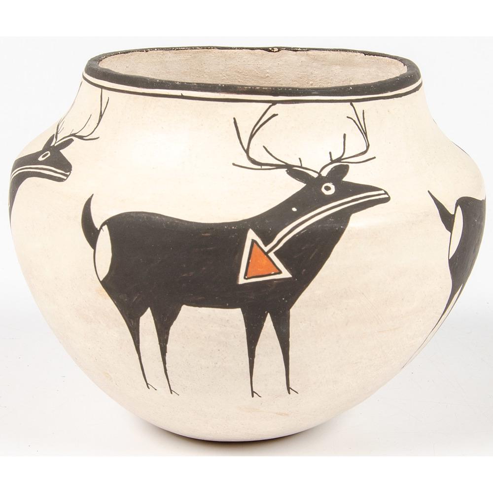 Lucy Martin Lewis (Acoma, 1890 - 1992) Pottery Jar: Lucy Martin Lewis (Acoma, 1890 - 1992) Pottery Jar signed and dated on base; hand coiled construction, slipped with thin layer of white clay, and painted with four heart-line deer, height 4.5 in. x d