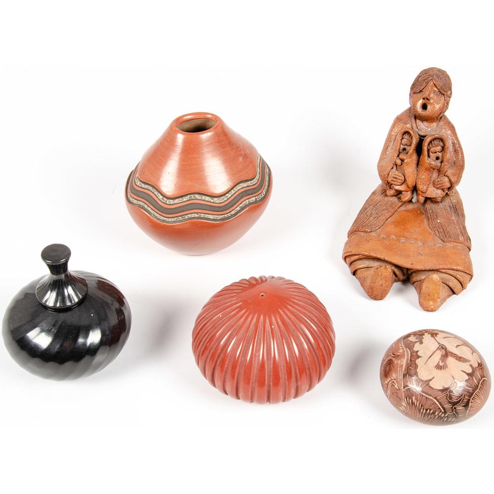 Collection of Pueblo Pottery: lot of 5, includes a seed jar by Paul Naranjo (Santa Clara, 1957-2002) with sgraffito design, height 2 in. x diameter 3.25 in.; PLUS a ribbed vessel by David Baca (Santa Clara, b. 1951); dated '91 on 
