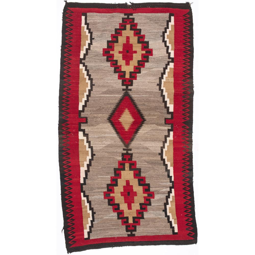 Navajo Western Reservation Weaving / Rug: hand-spun wool woven using colors of red, black, tan, and cream; three central stacked diamonds with angled Greek Key border, 80 x 44 in. second quarter 20th century