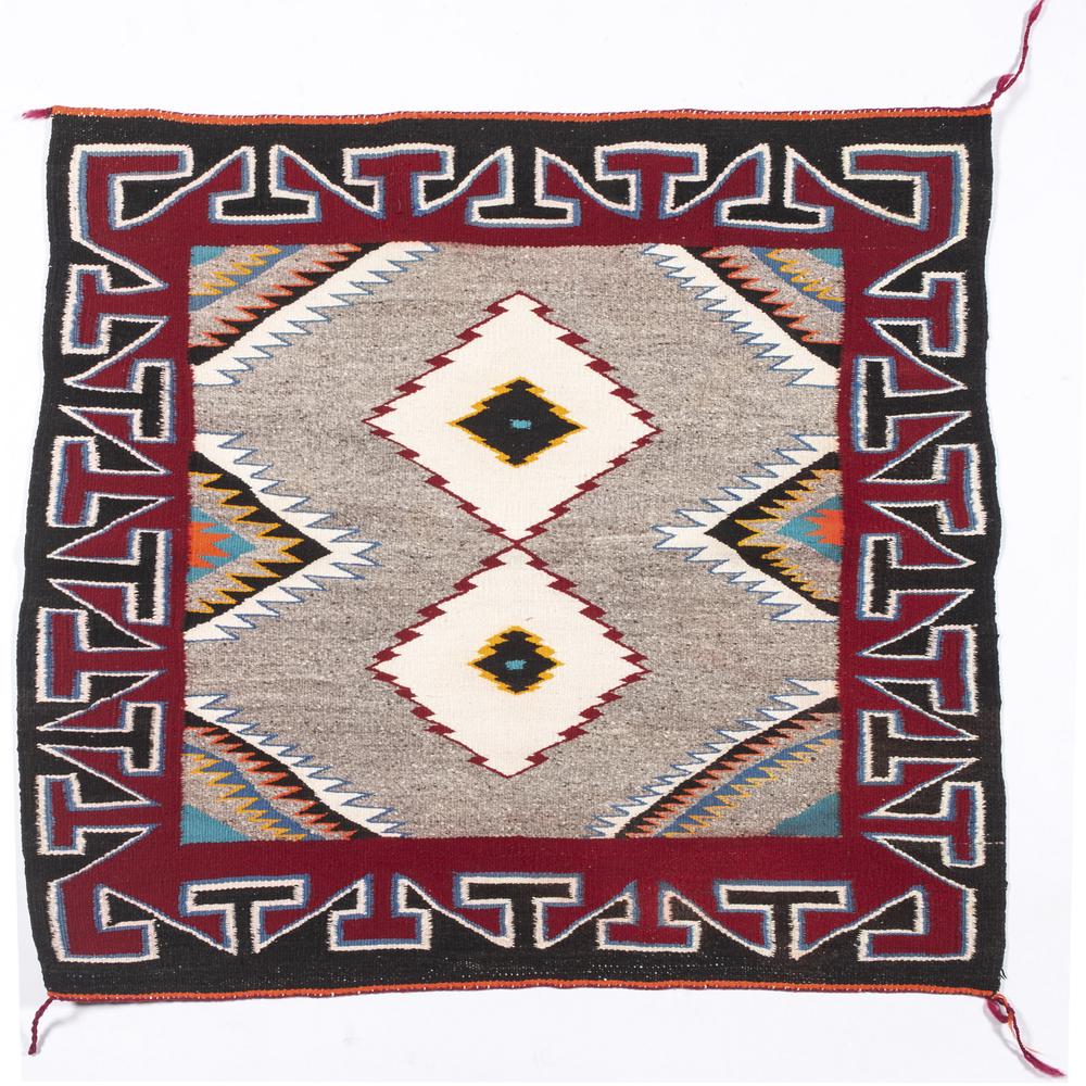 Navajo Red Mesa Outline Saddle Blanket / Rug, From the: Navajo Red Mesa Outline Saddle Blanket / Rug, From the John Andrews Collection, Native Jackets woven of hand-spun and commercial wool in colors of brown, red, white, tan, orange, and blue; central fie