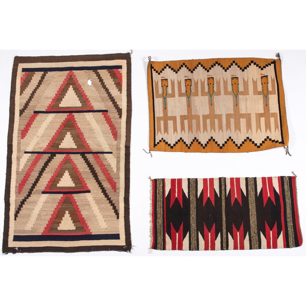 Navajo Regional Weavings / Rugs: lot of 3, includes one Yei weaving created using colors of orange, black, cream, khaki, teal, and red, 28 in. x 37.5 in.; PLUS one Western throw created using colors of brown, red, cream, and light ye