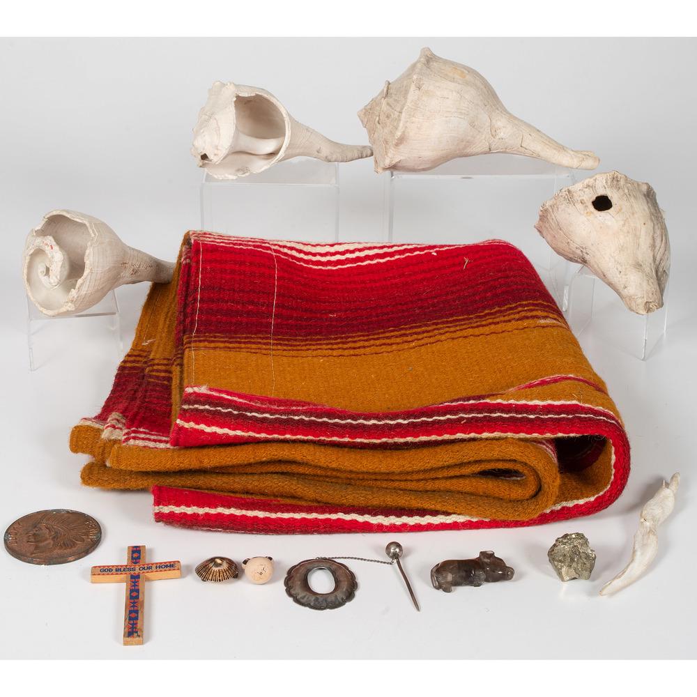 Mexican Saddle Blanket, PLUS: lot of 13, includes a Mexican saddle blanket woven in colors of red, gold, pink, and cream, 26 x 17 in.; PLUS various shells, rocks, metal pieces, crosses, and miniature fetishes and pottery pieces se